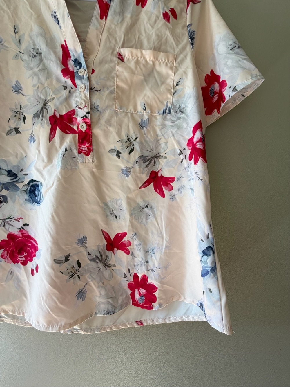 Cream Blouse with Buttons, Red and Blue Floral Print - Picture 5 of 7